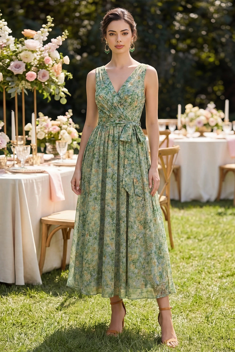 Green Watercolor Floral Chiffon Sleeveless V Neck Wrap Midi Wedding Guest Dress