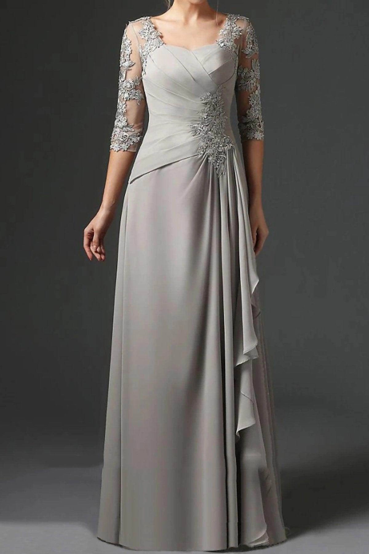 Vedress silver grey chiffon floor length mother of the bride dress square illusion 3/4 lace sleeve floral applique draped ruffle gown for church wedding Ascot race day