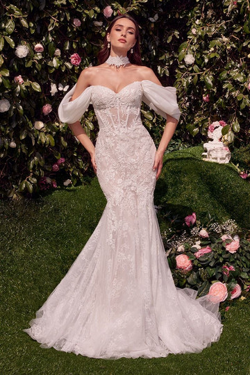 Vedress lace mermaid sweetheart wedding dress with detachable off shoulder puff sleeves