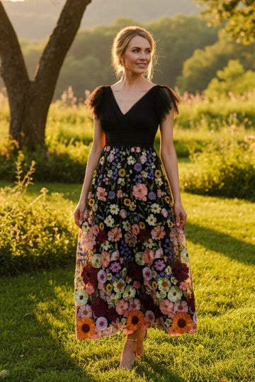 Black A-line V Neck Ruffle Sleeve Ankle Length Floral Mother of Bride Dress