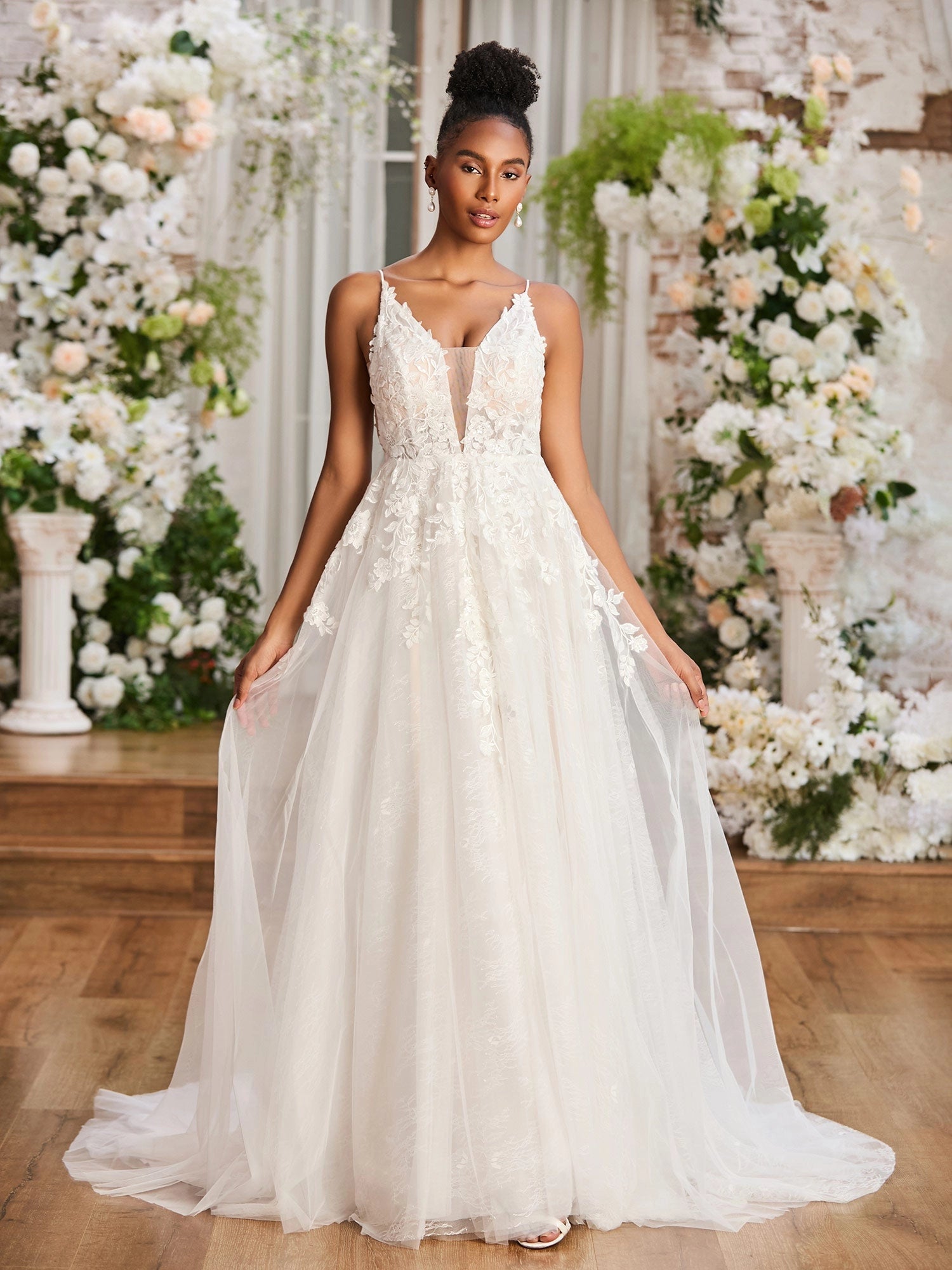 Vedress romantic lace applique a-line wedding dress, deep v neck spaghetti strap tulle bridal gown with sweep train, front view