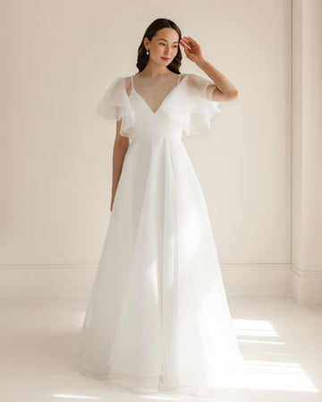 Vedress white organza sheer boat neck flutter sleeve A-line simple wedding bridal gown