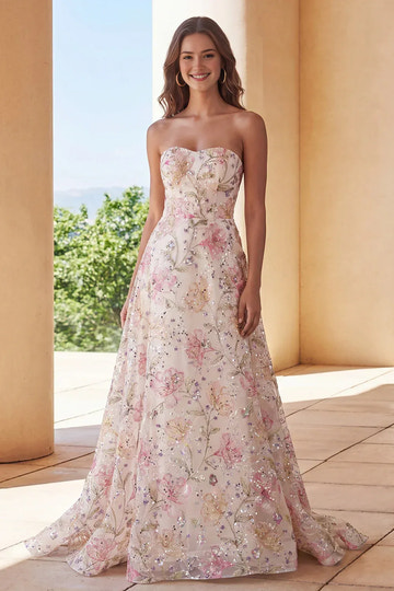 Elegant Floral Embroidered A-Line Strapless Sequin Tulle Prom Dress