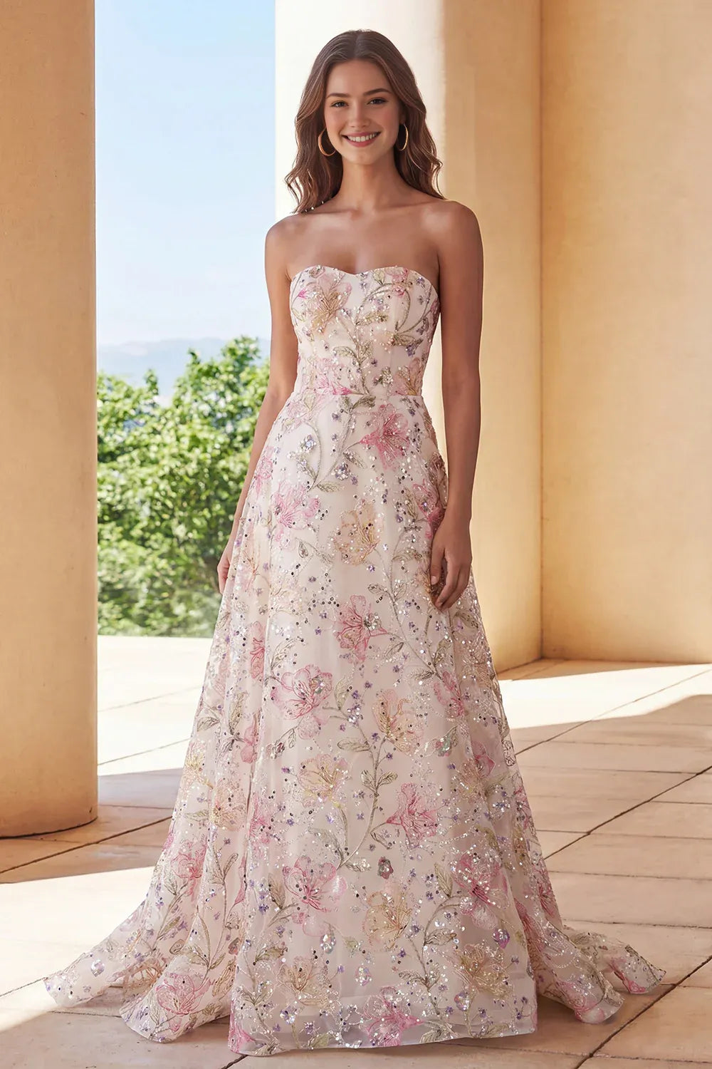 Elegant Floral Embroidered A-Line Strapless Sequin Tulle Prom Dress