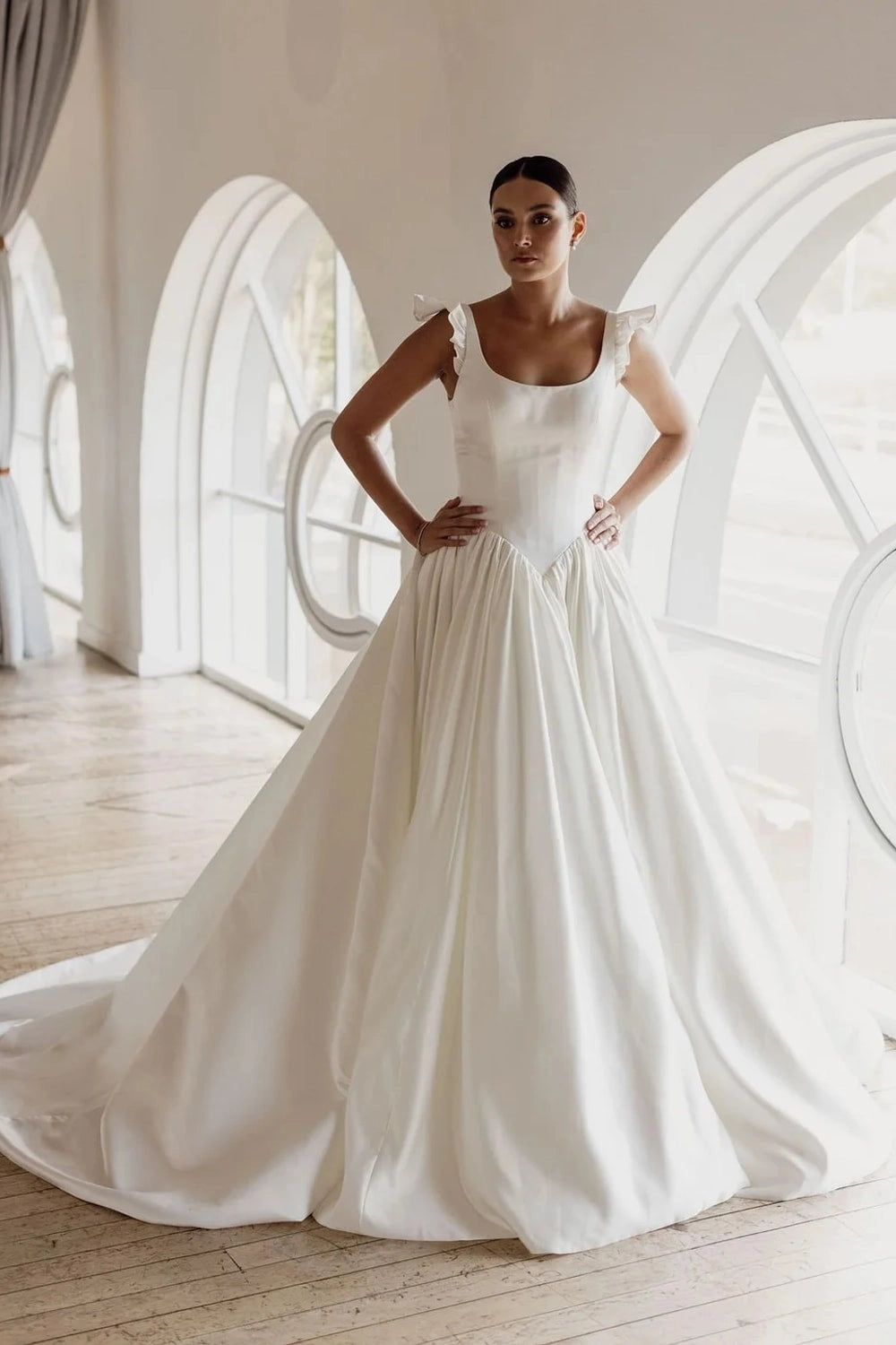 Vedress ivory soft matte satin ballgown wedding dress square neck ruffle strap cathedral train minimalist bridal gown