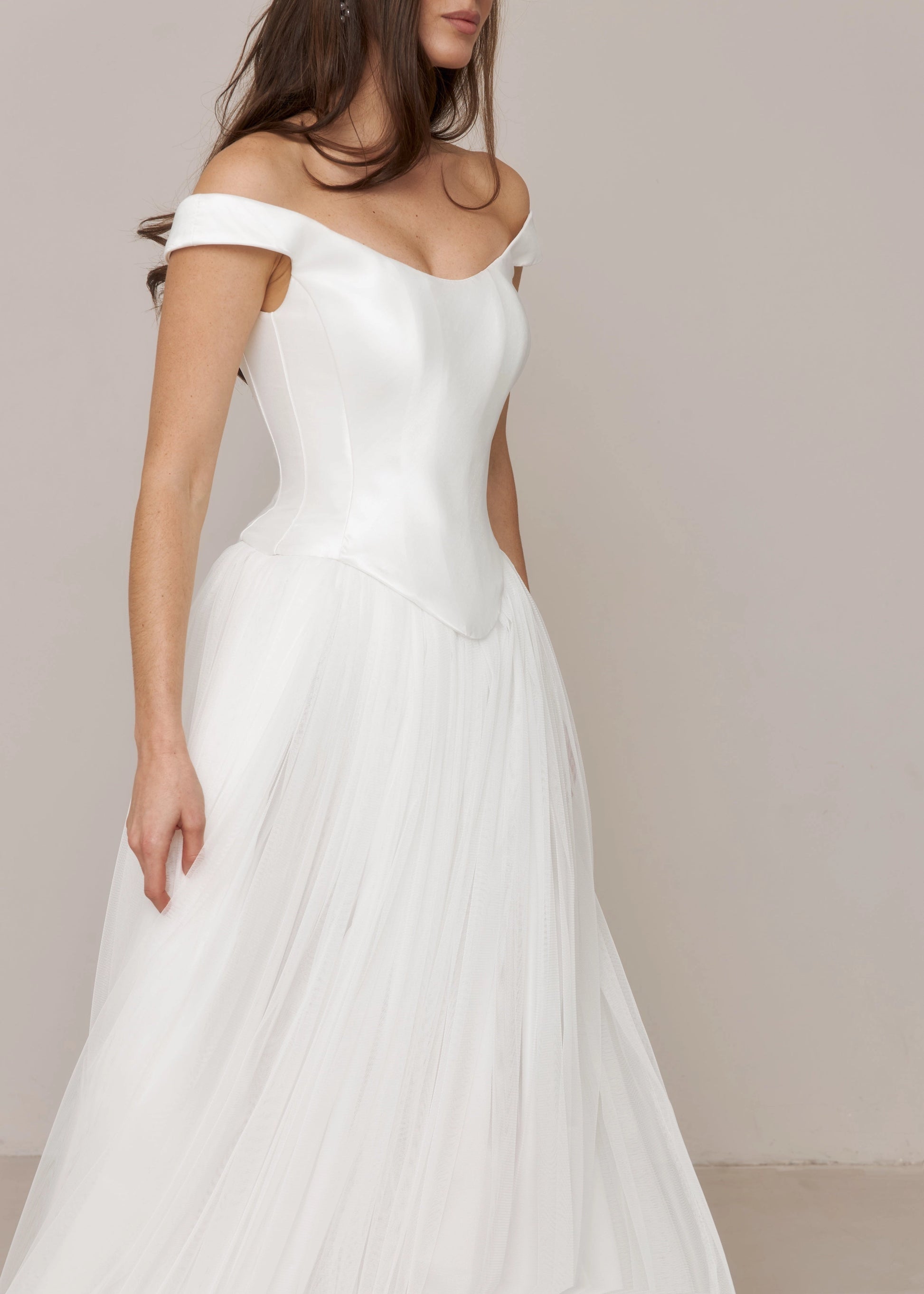Minimalist A-line Off-shoulder Cap Sleeve Corset Back Floor-length Wedding Dress