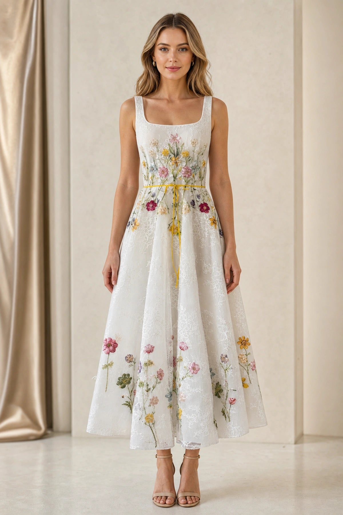 Floral Embroidered A-Line Square Neck Sleeveless Low Back Midi Garden Wedding Bridesmaid Dress