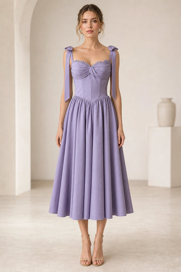 Lavender A-line Sweetheart Bow Strap Lace-up Back Midi Homecoming Dress
