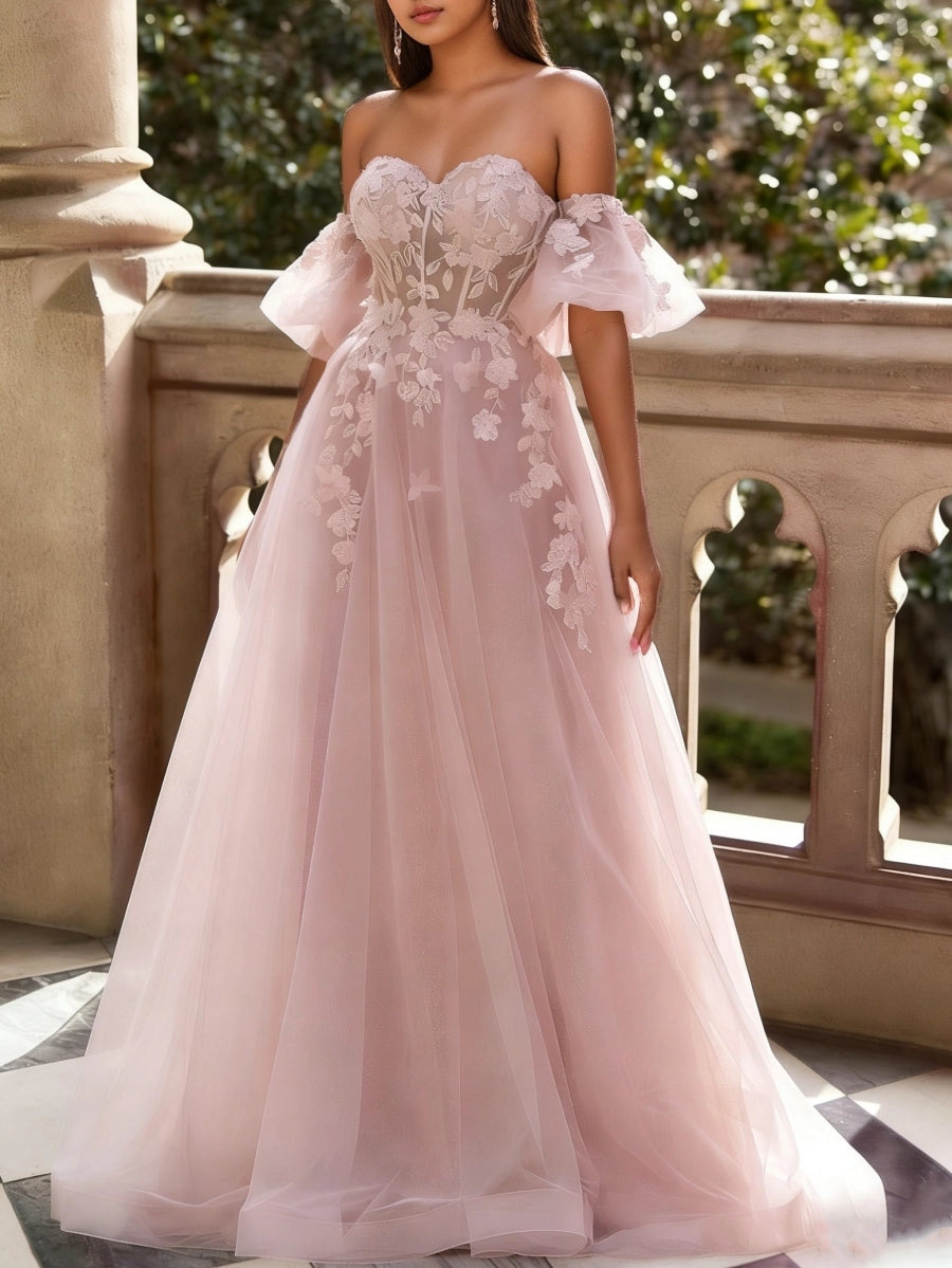 Vedress dusty pink a line off shoulder lace tulle long prom dress front view