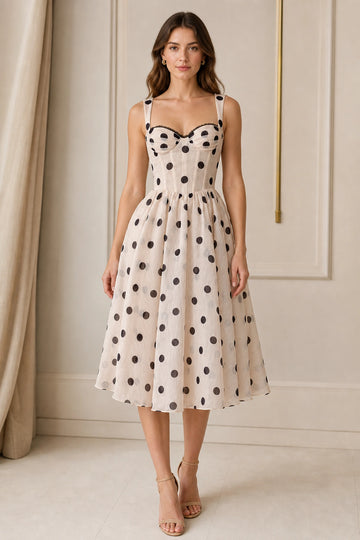 Vedress cream polka dot midi homecoming dress sweetheart bustier wide strap a line skirt