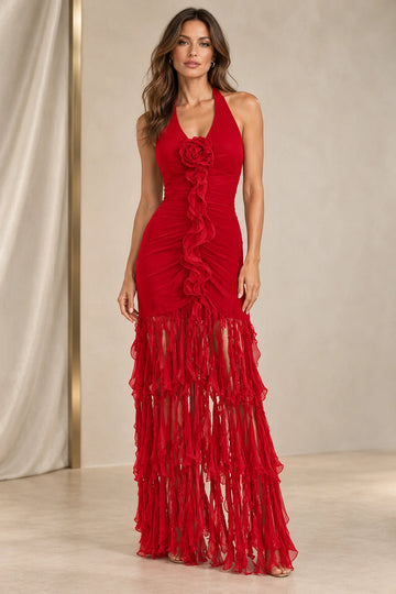Dramatic Red Chiffon Sheath Halter Sleeveless Open Back Maxi Evening Dress