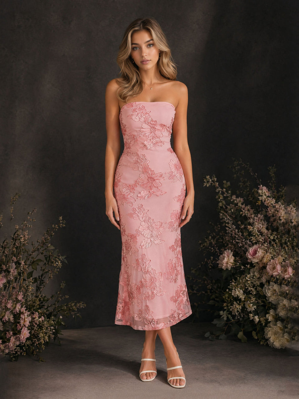 Romantic Sheath Straight Neck Strapless Closed-Back Midi Wedding Guest Dress