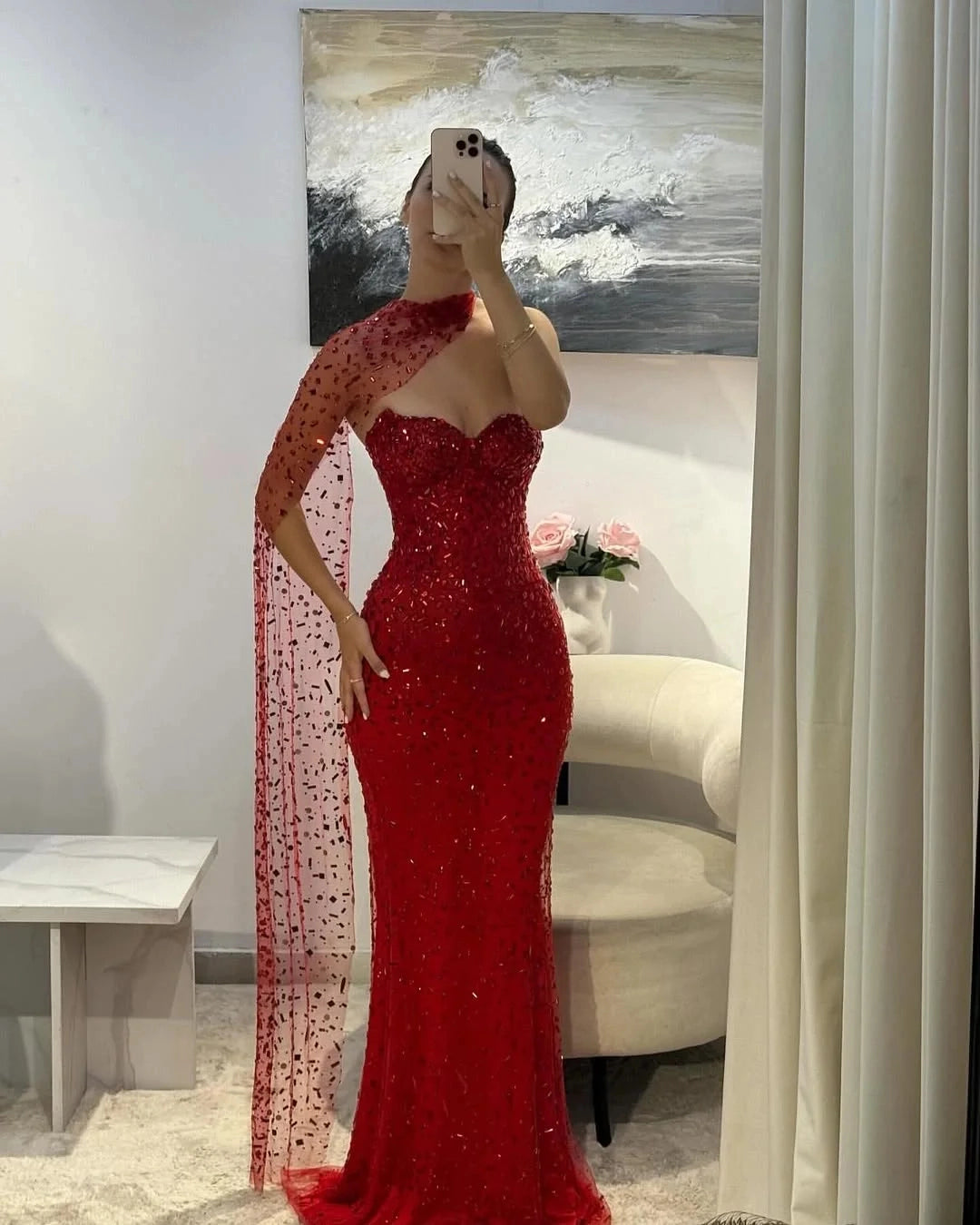 Sparkly Mermaid Sweetheart One‑Sleeve Open‑Back Long Prom Dress