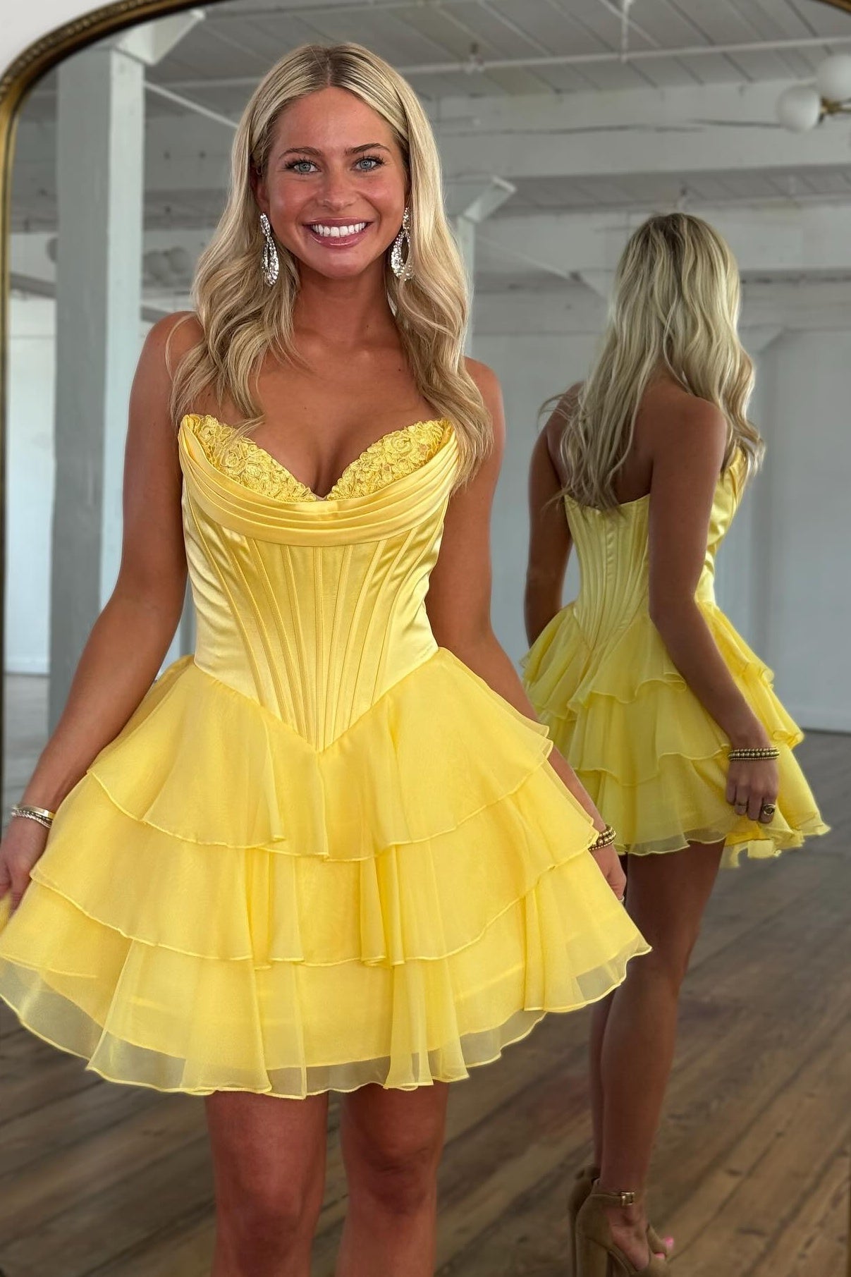 A Line Sweetheart Yellow Corset Homecoming Dress with Appliques Ruffles