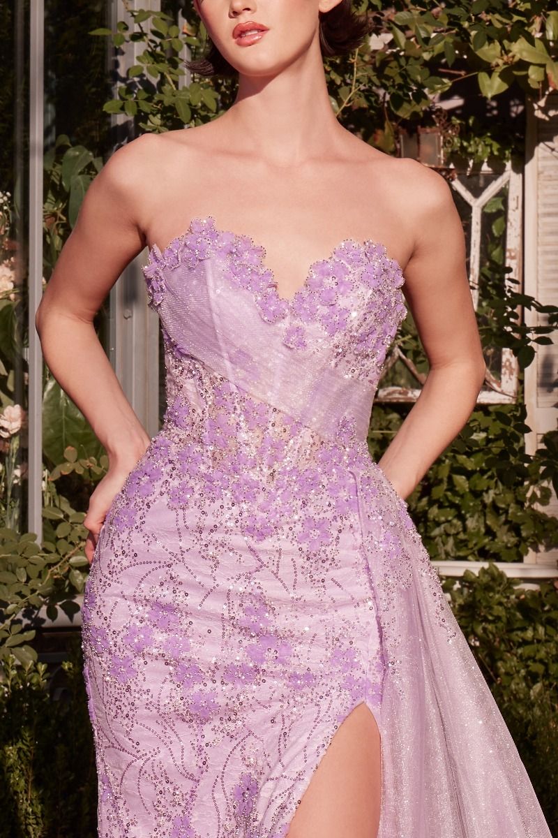 Lilac Strapless Beaded Floral Mermaid Gown with High Slit & Tulle Train - Glamorous Formal Evening Dress