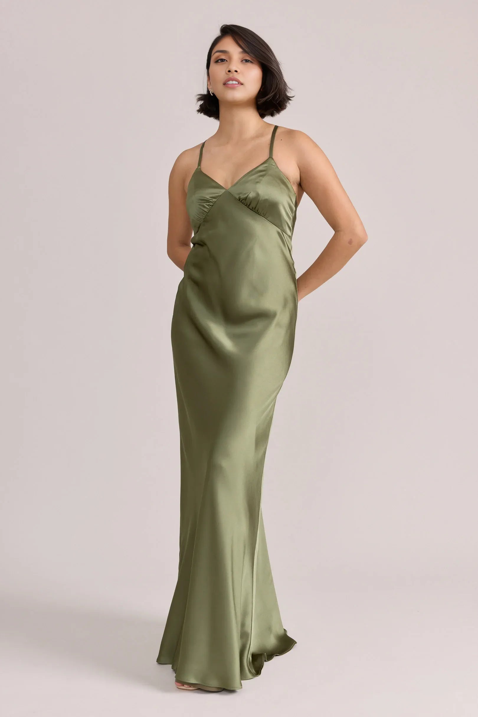 Satin V-Neck Spaghetti Strap Crisscross Lace-Up Back Maxi Bridesmaid Dress