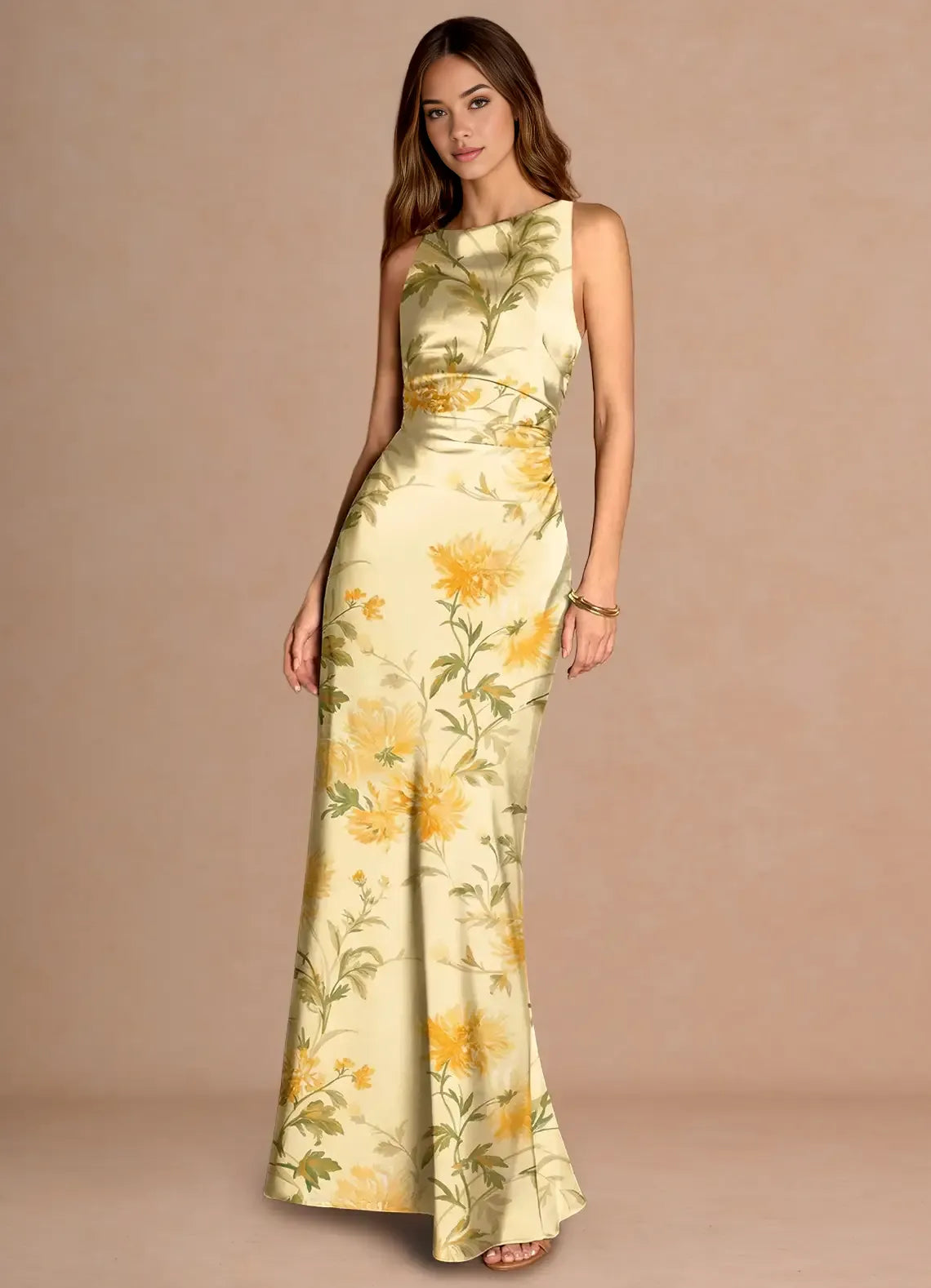 Elegant Mermaid Boat Sleeveless Printed Satin Floor Length Cross Back Ruched Party Dress