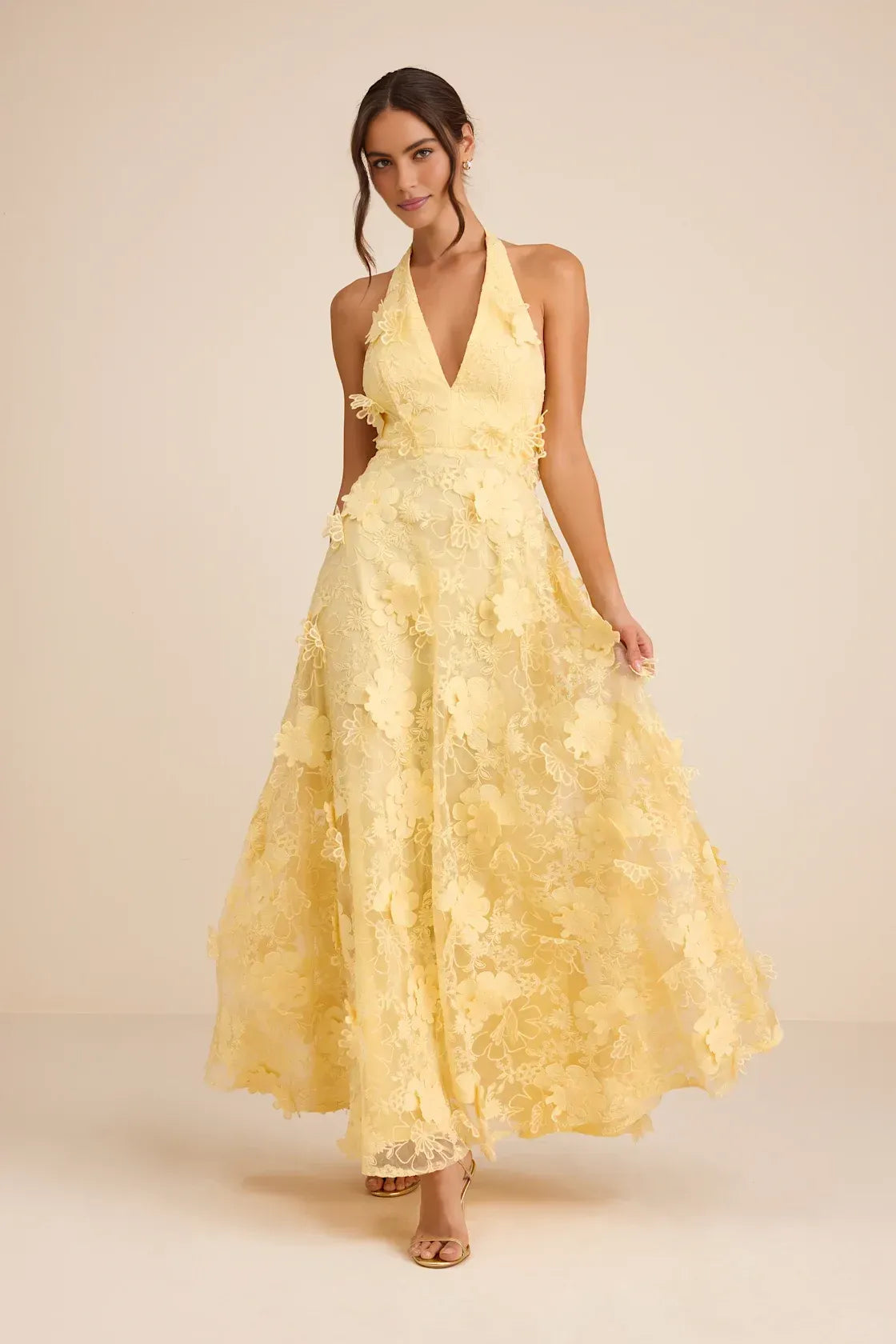Romantic A-Line Halter V-Neck Sleeveless Lace 3D Floral Applique Maxi Wedding Guest Dress