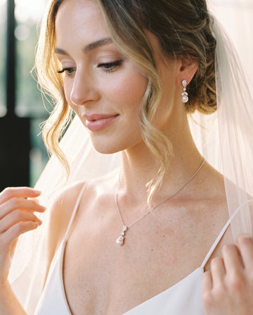Silver Pearl Pendant and Cubic Zirconia Bridal Jewelry Set