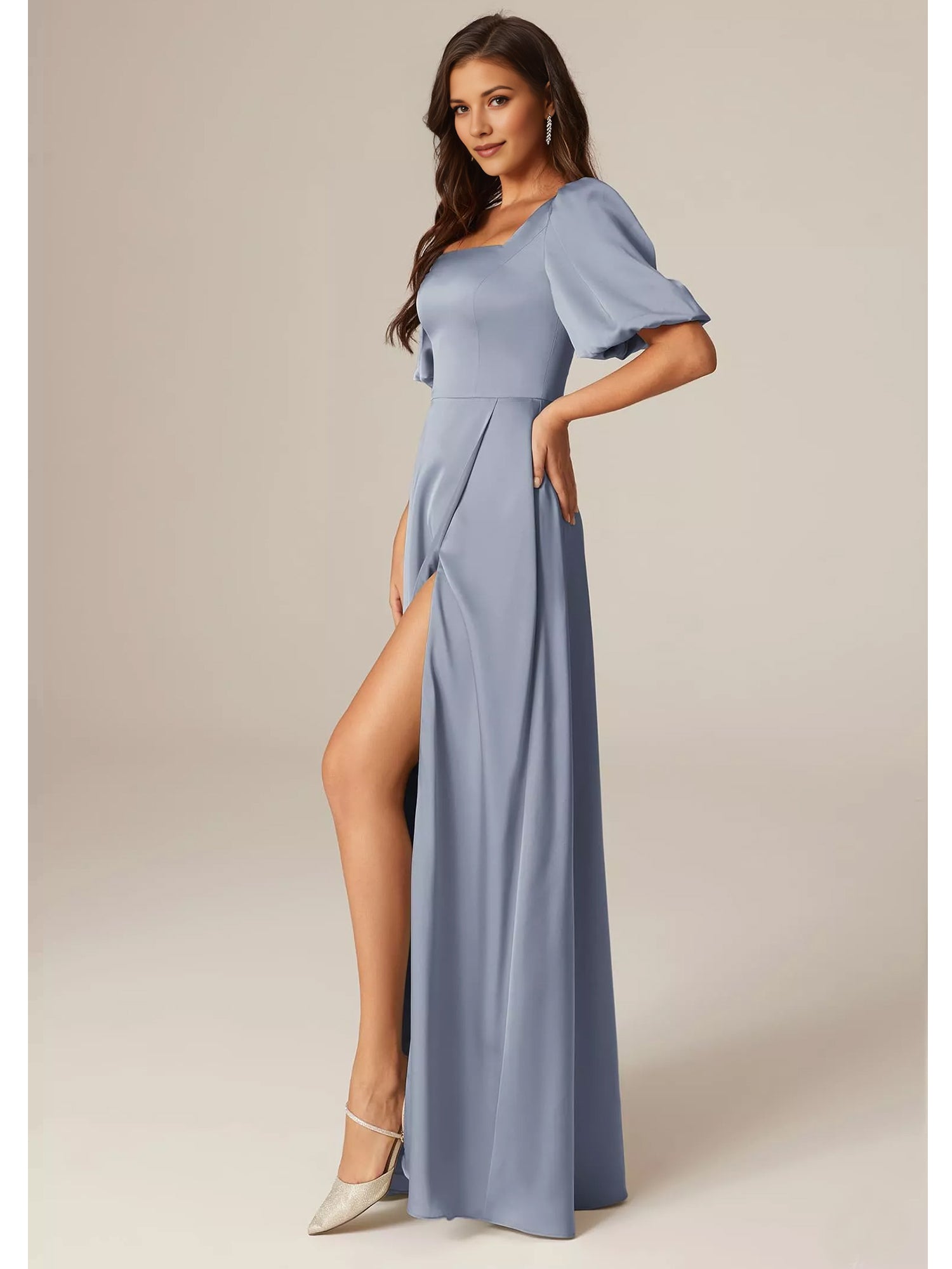Square Neck Puff Sleeve Satin A-Line Bridesmaid Maxi Dress with Side Slit