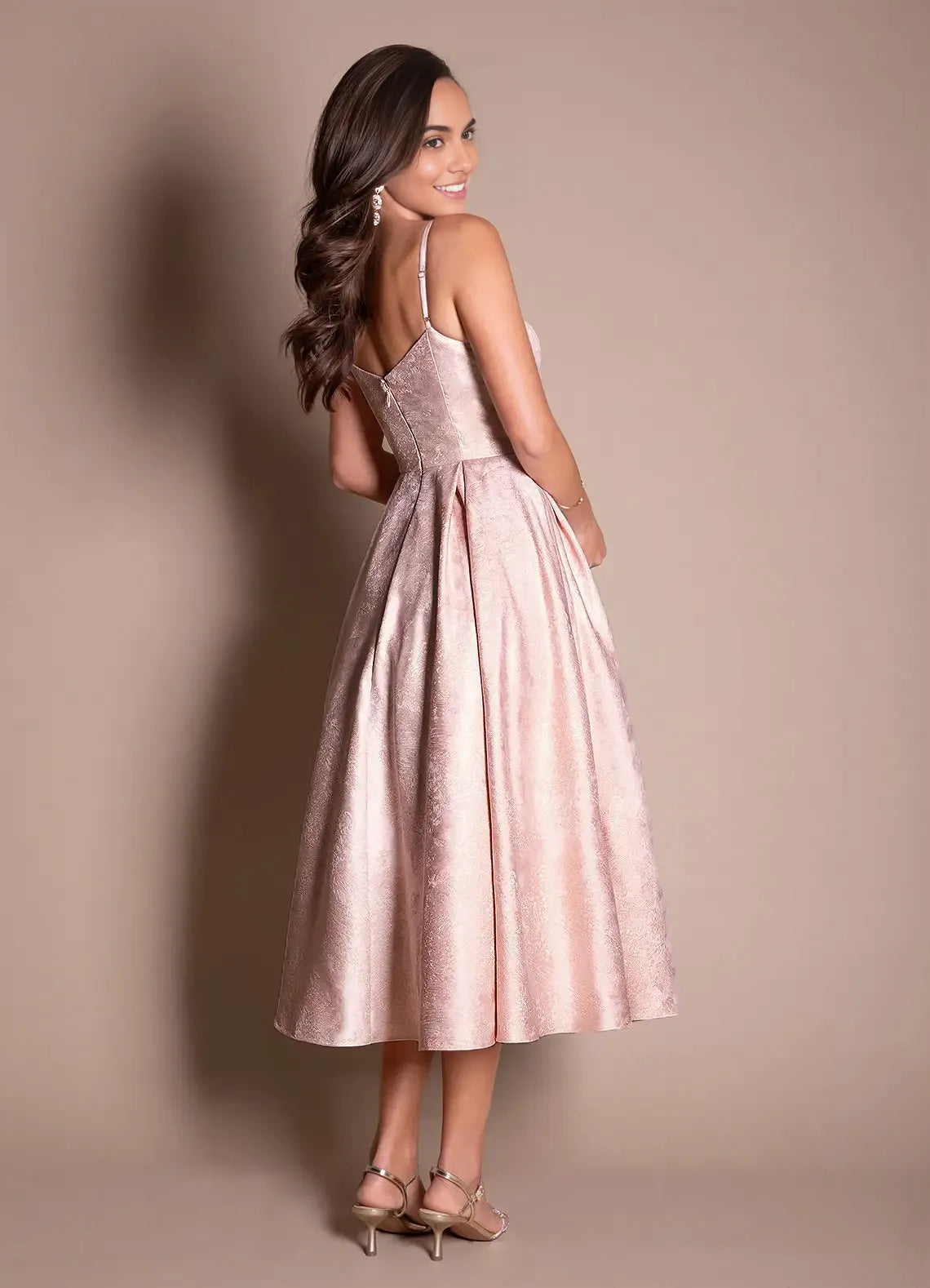 Elegant A-line Scoop Sleeveless Jacquard Satin Midi Back Zip Formal Wedding Guest Dress