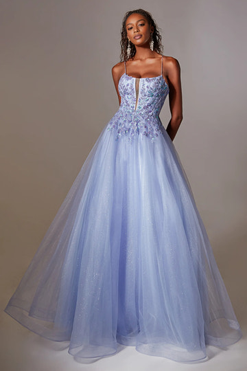 A-line plunging V-neck sleeveless tulle prom gown with embroidered applique bodice, sheer front inset, layered glitter skirt, and lace-up open back