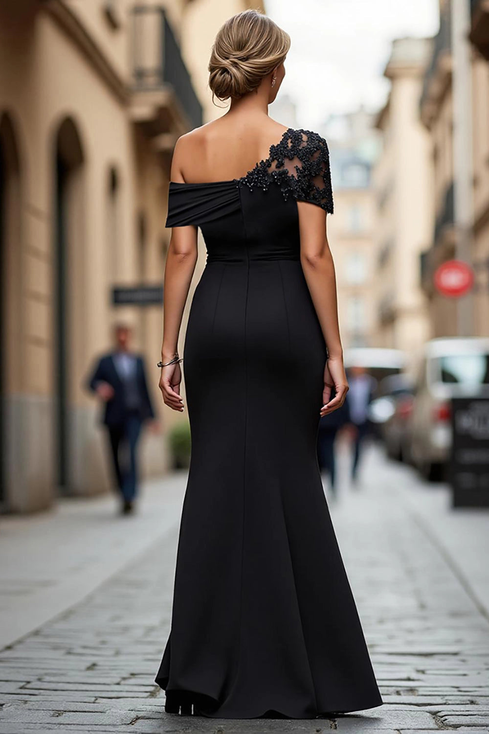Vedress off shoulder lace sleeve formal mother of bride gown back view