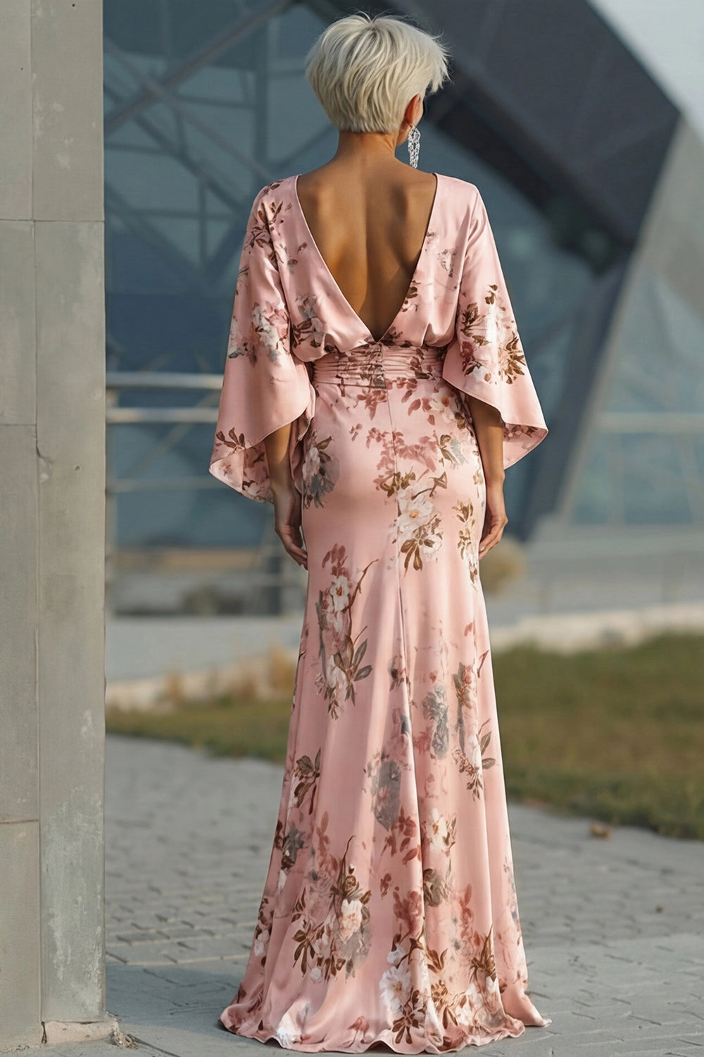 Vedress printed satin deep V open back mother of bride gown back view