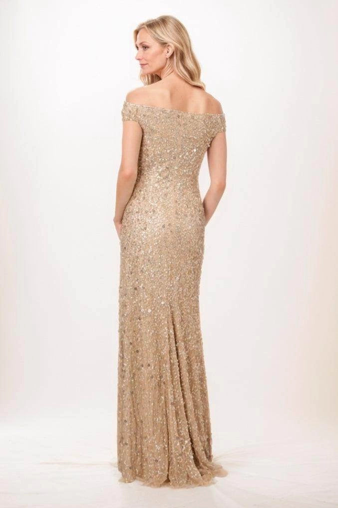 Glam Mermaid Off Shoulder Zip Back Beaded Floor Length Mother Of The Bride Dress
