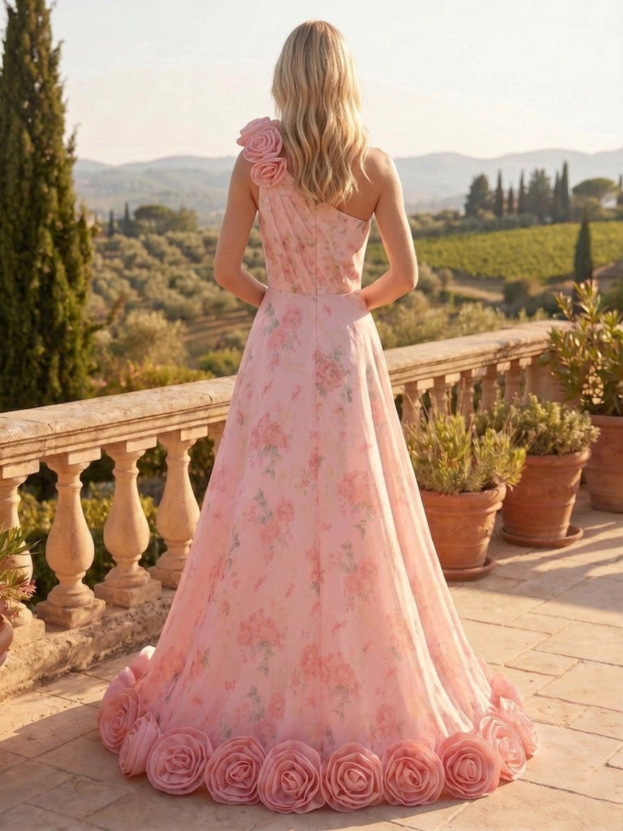 Back‑view Vedress concealed zip‑back floral bridal dress with rose hem trim