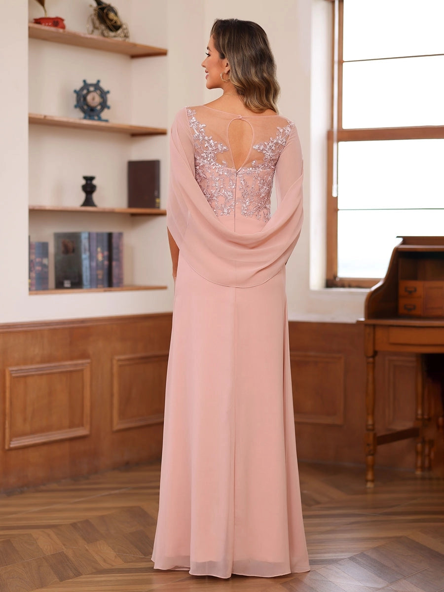 Keyhole back blush lace applique chiffon long formal mother of bride gown