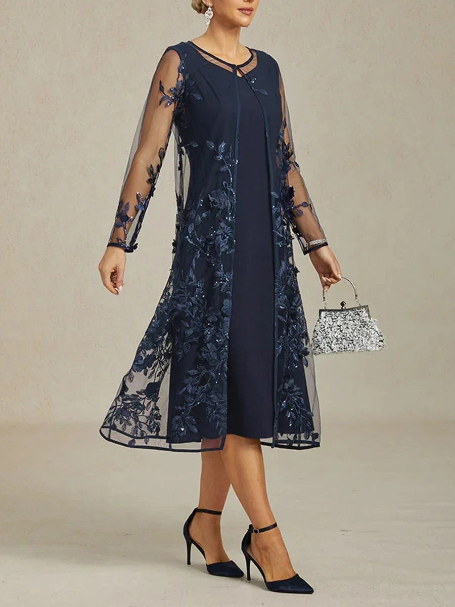 Classic Two‑Piece Round Neck Long Sleeve Midi Mother Of The Bride Dress