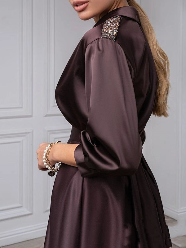 Sophisticated A‑Line Lapel‑V 3/4‑Sleeve Tie‑Back Midi Mother Of The Bride Dress