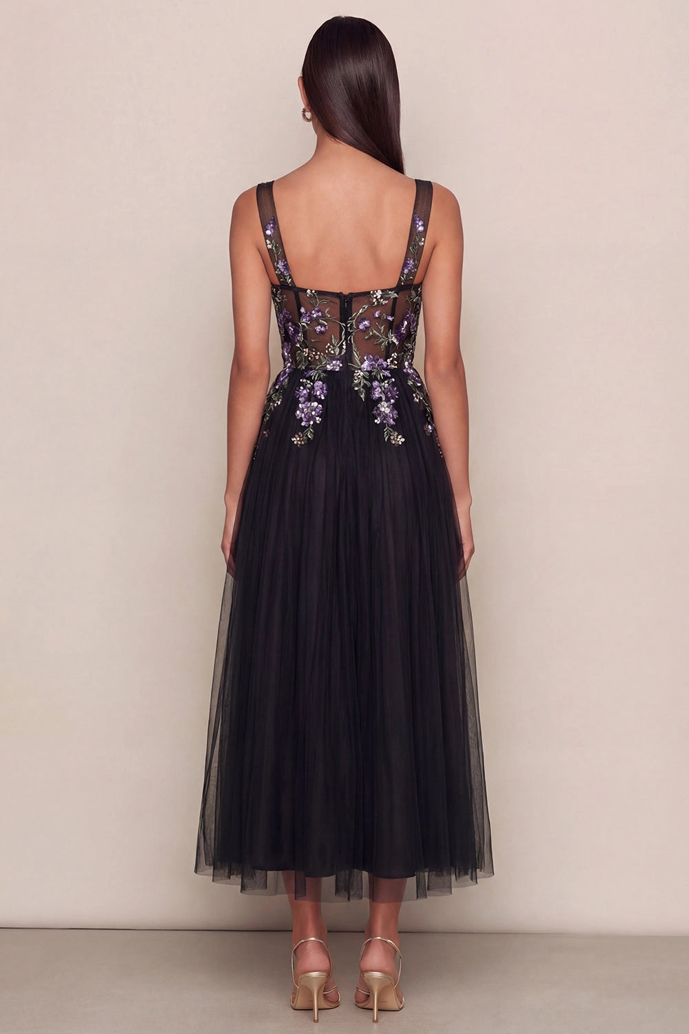 Square Neck Black Tulle Midi Dress Purple Floral Embroidery Spaghetti Straps Evening Guest Dress
