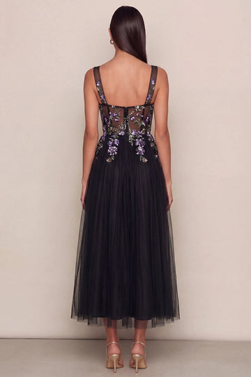 Square Neck Black Tulle Midi Dress Purple Floral Embroidery Spaghetti Straps Evening Guest Dress