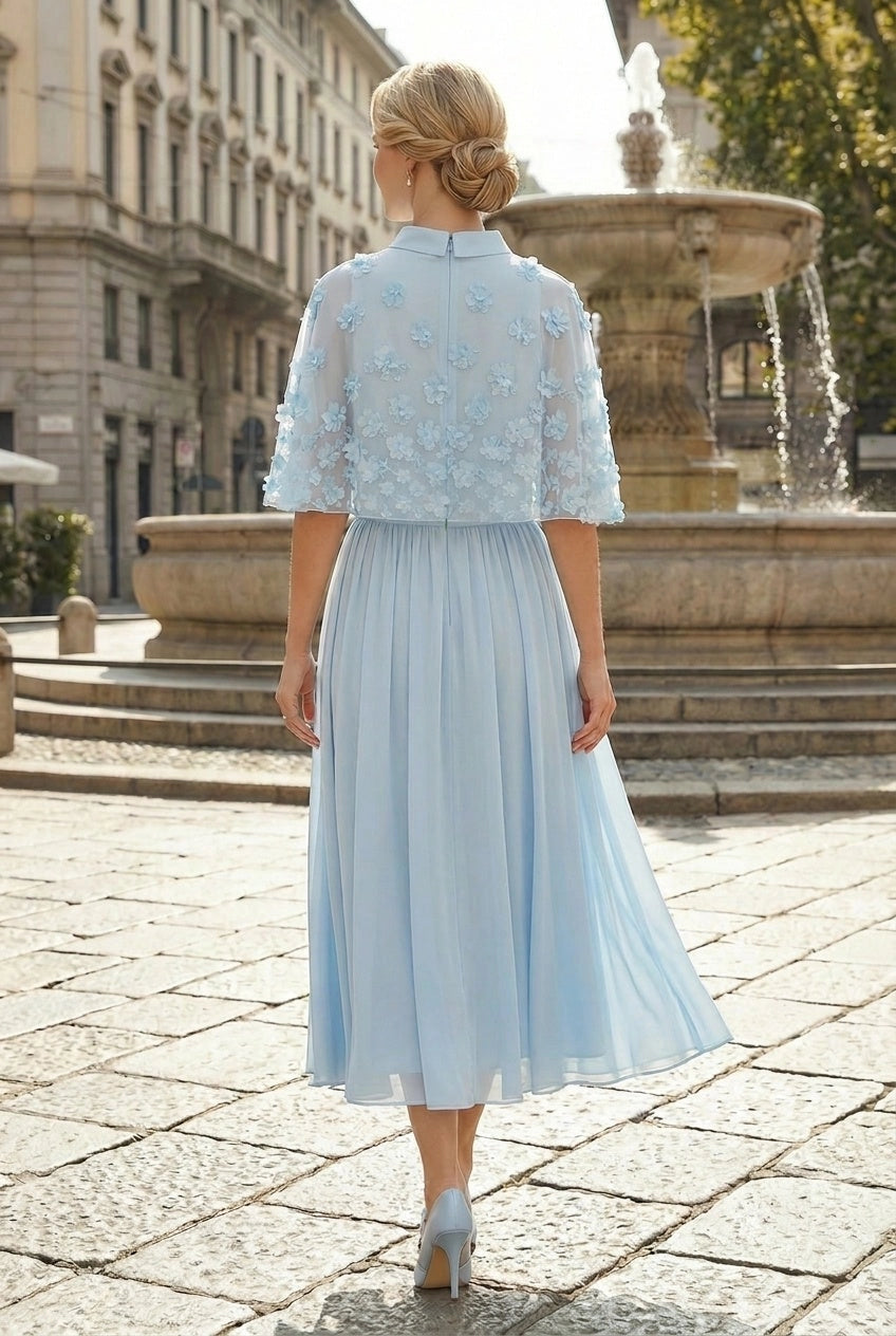 Light blue 3D floral high‑neck cape sleeve two‑piece zipper‑back midi mother of the bride dress front and back view