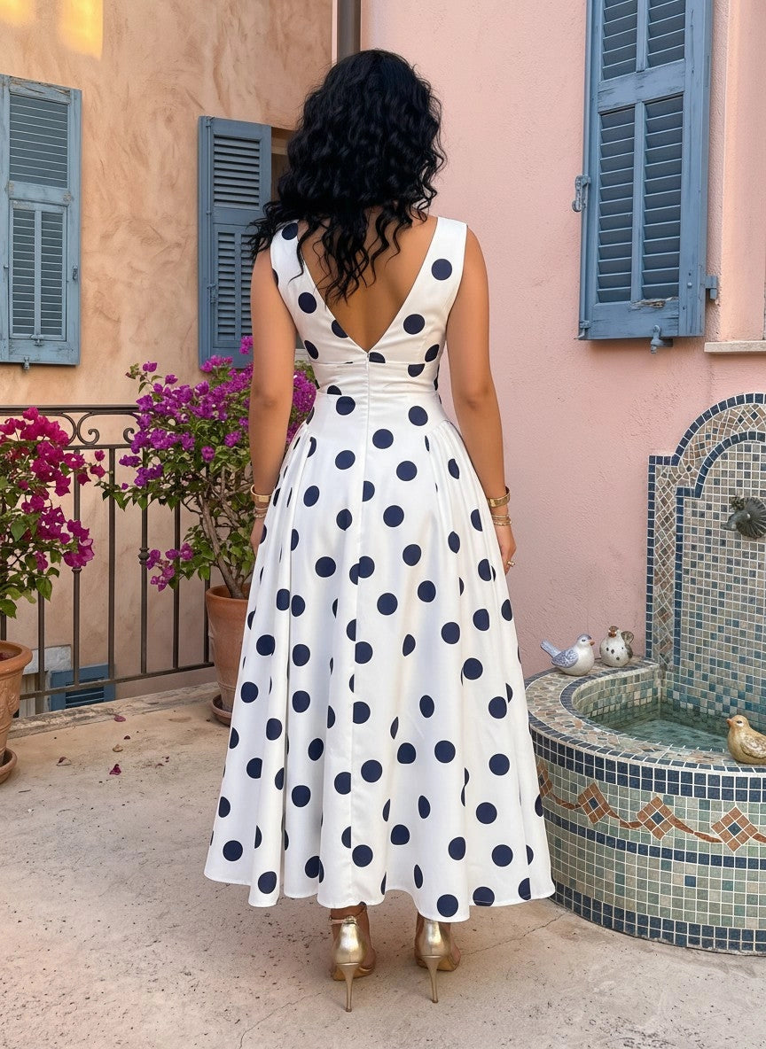Back‑view Vedress deep v‑back sleeveless polka dot bridesmaid midi dress
