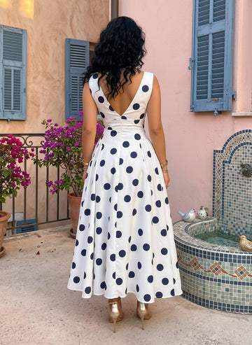 Back‑view Vedress deep v‑back sleeveless polka dot bridesmaid midi dress
