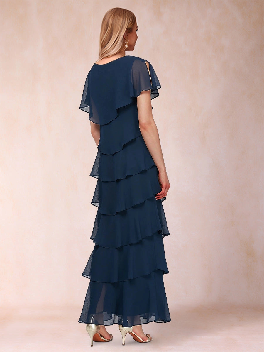 Zip‑back round neck tiered chiffon long formal mother of bride gown