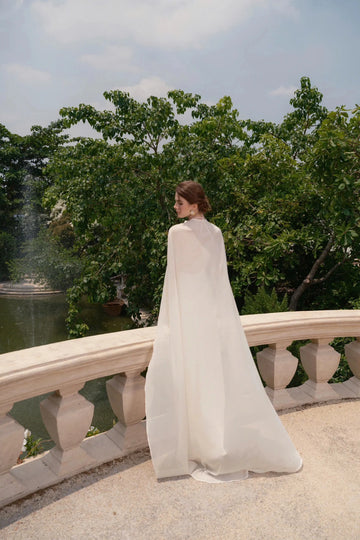 Elegant Mermaid High Neck Cape Sleeves Closed Back Floor Length Wedding Gown
