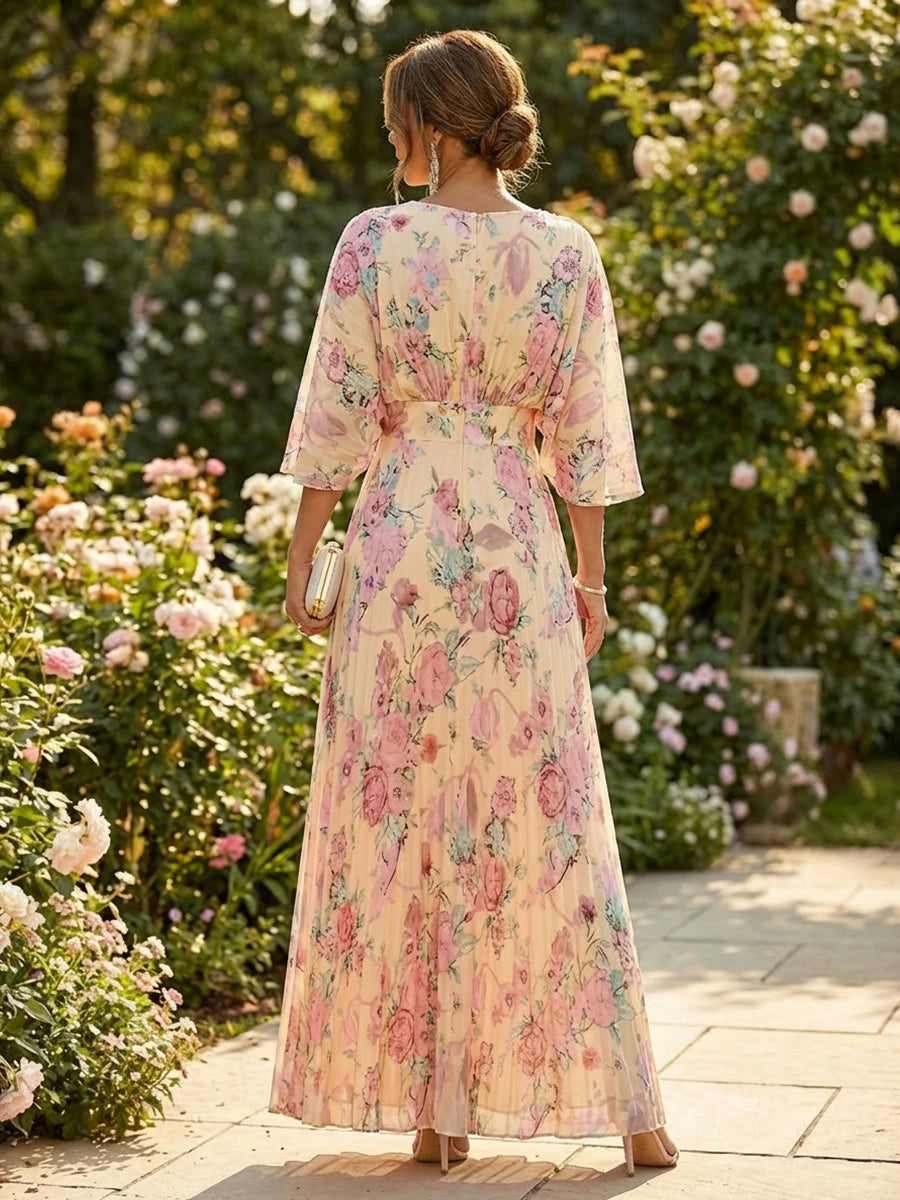 Vedress boho pink floral print v‑neck batwing sleeve a‑line maxi wedding guest dress front back view