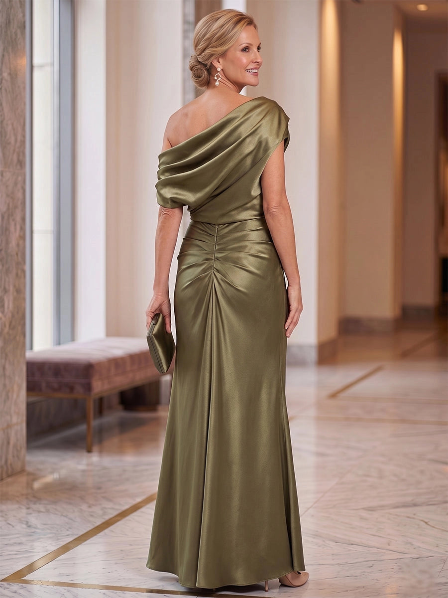 Ruched zip‑back olive satin formal long mother of bride evening gown