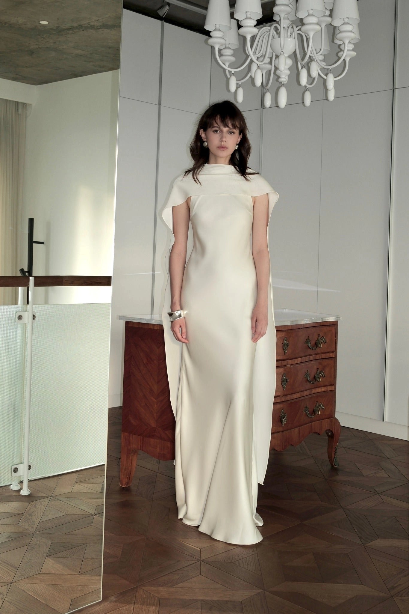 Minimal Sheath High Neck Sleeveless Cape Open Back Floor Length Wedding Gown