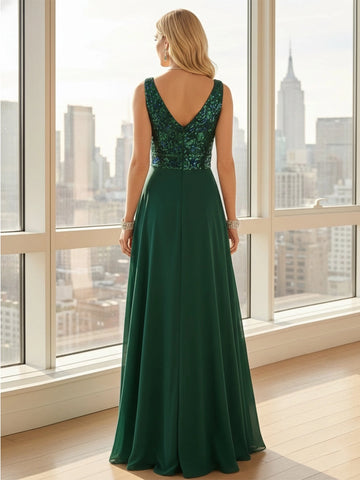 Vedress emerald green sequin bodice sleeveless v‑back a‑line long bridesmaid dress front and back view