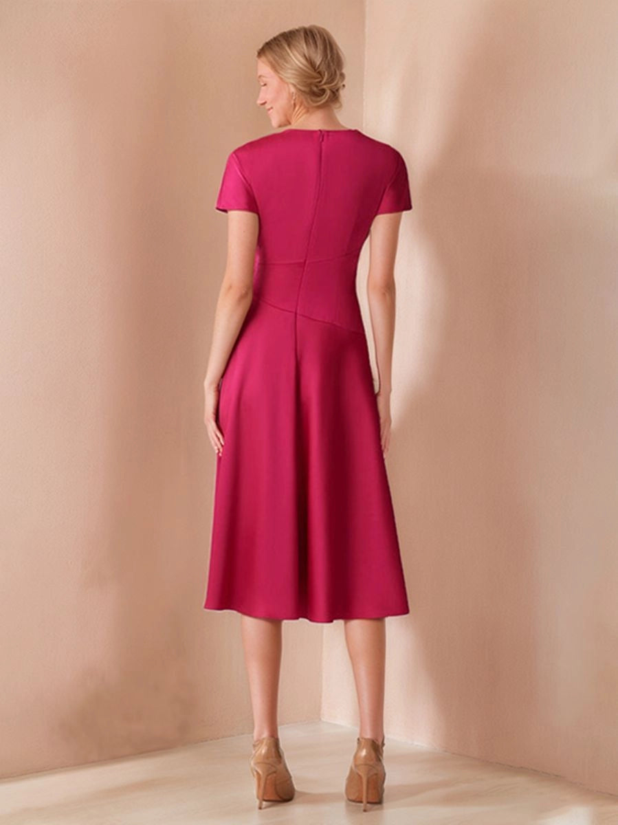 Back view Vedress wedding guest midi dress,concealed zipper back,flowing flared skirt