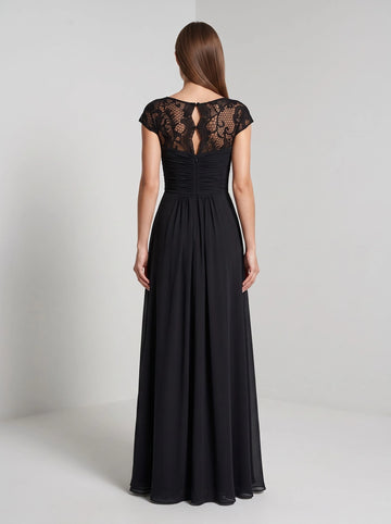 Keyhole ruched zip‑back black lace chiffon long mother of the bride formal dress