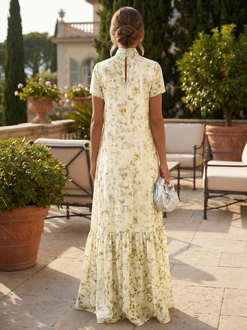Vedress pale yellow floral satin high neck keyhole‑back shift maxi wedding guest dress front back view