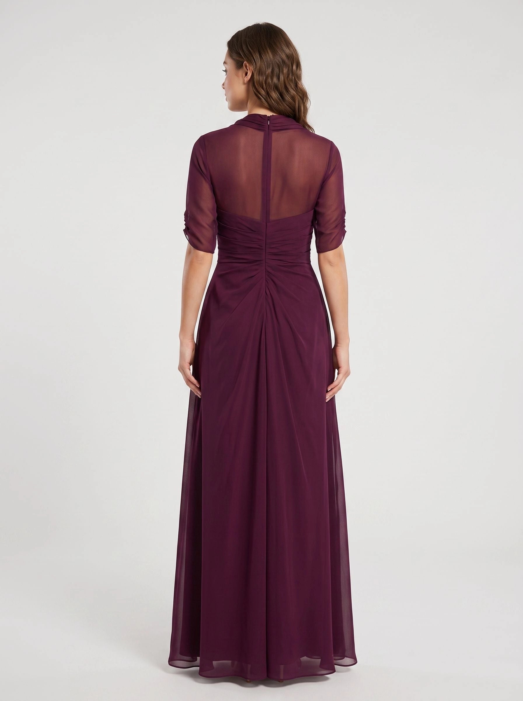 Sheer ruched zip‑back plum chiffon long mother of the bride evening dress