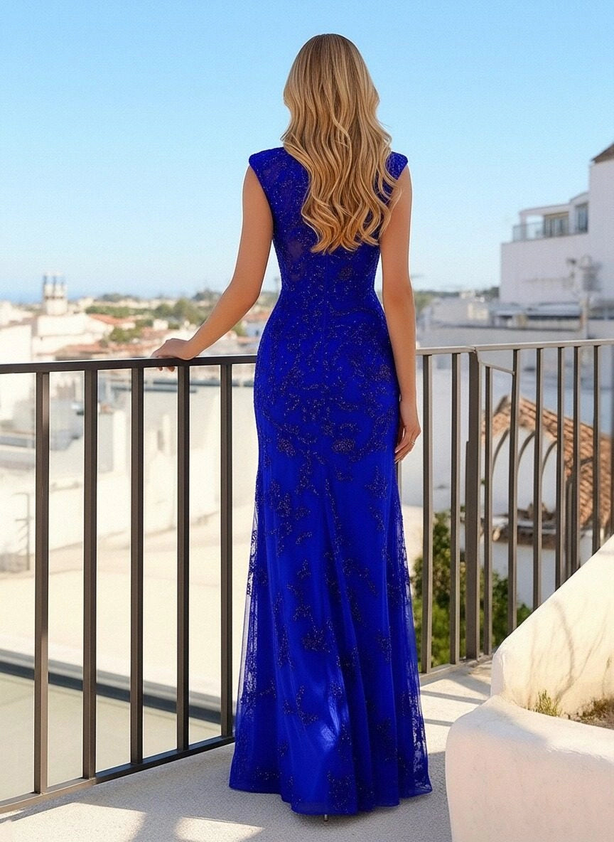 Vedress royal blue sparkly lace mermaid prom gown,high neck keyhole front,cap sleeve,high thigh slit,solid lace‑covered back
