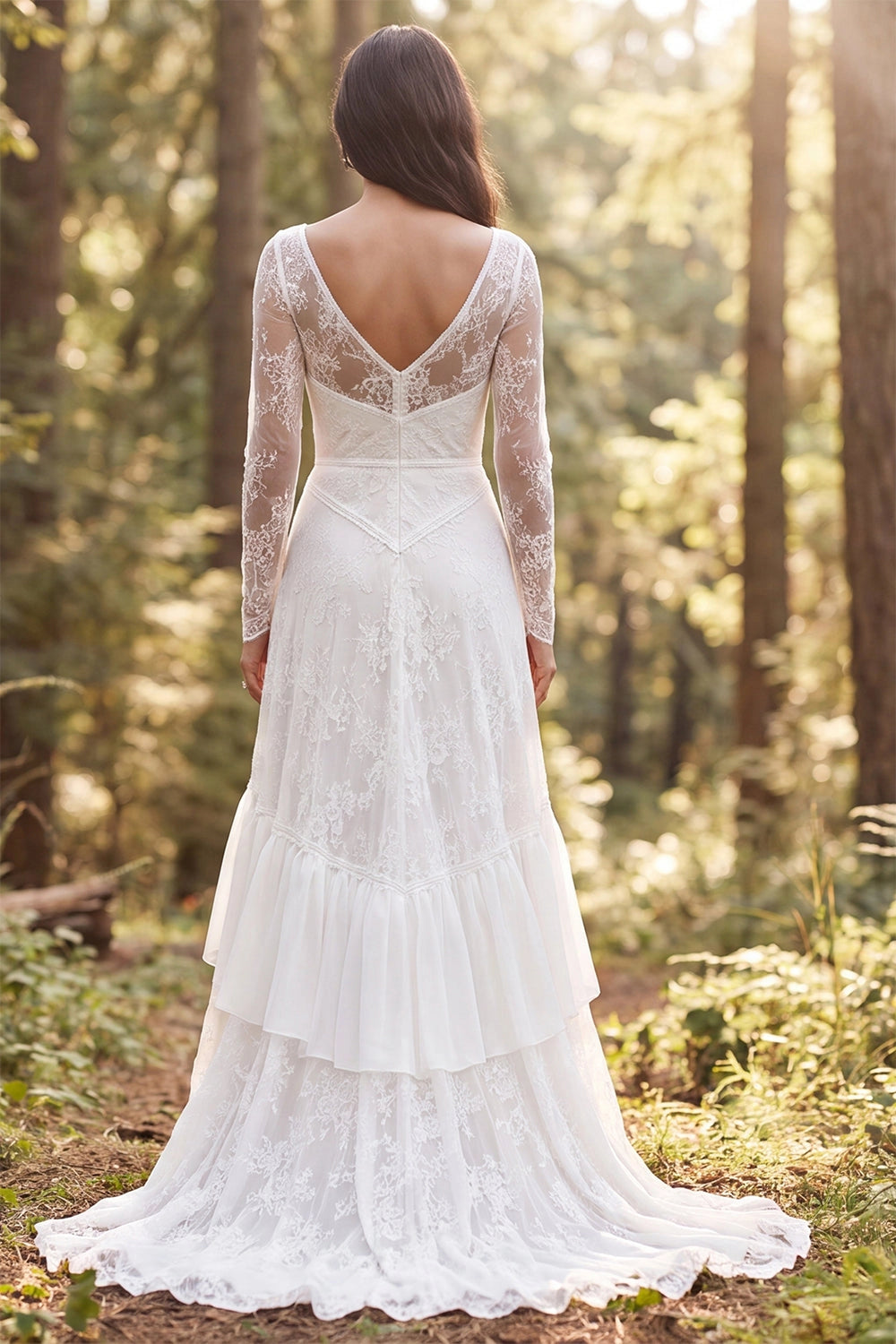Vedress deep v back sheer lace wedding dress tiered ruffle sweep train forest outdoor view